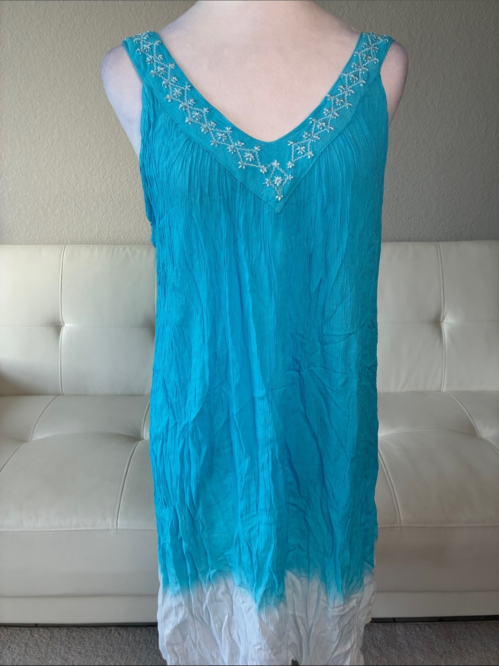 Raya Sun Turquoise Midi Dress with Embroidered V-Neck Cotton/Rayon Blend